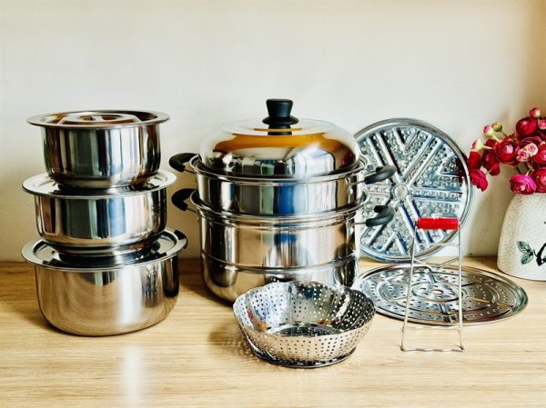 VS306 - Set 13 món nồi xửng 3 tầng đáy từ 28cm