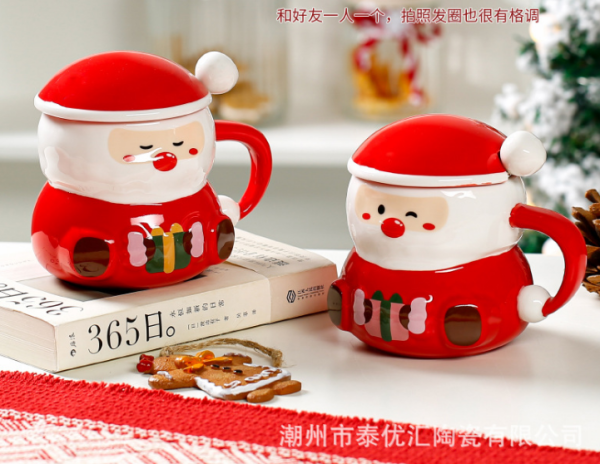 NC142 - Cốc sứ Noel mũ Tròn, màu Đỏ 420ml