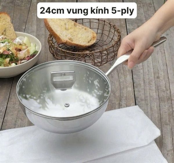 KIW3819 - Chảo sâu lòng Inox316, size 24cm liền khối 5-ply Premium Kaiyo có vung kính