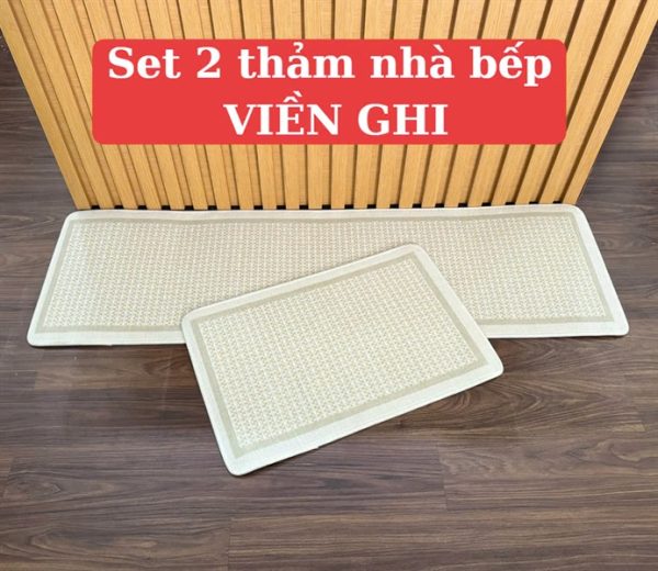 MK23 - Set 2 thảm nhà bếp vải dệt chống trượt size 40x70cm + 40x150cm, viền Ghi
