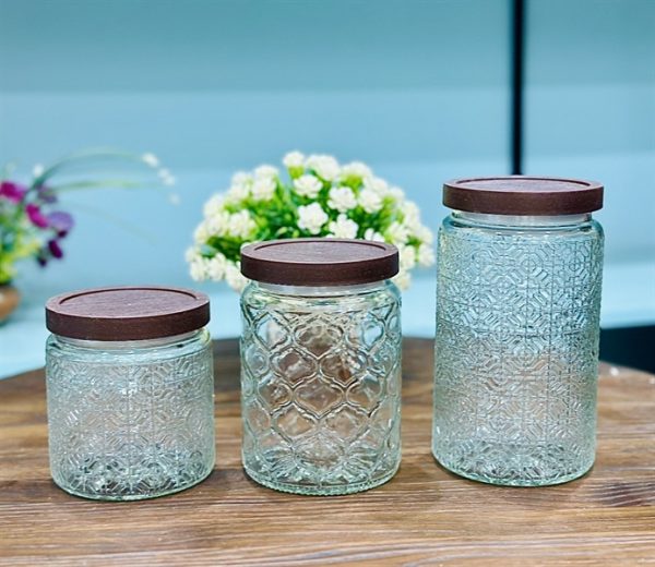 MTU67 - Set 3 lọ đựng thủy tinh đồ khô nắp giả gỗ