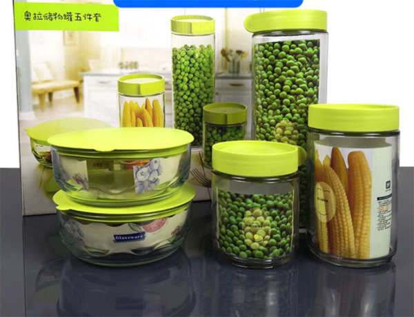 MTU12 - Set 5 hộp thuỷ tinh đựng đồ nắp Xanh JB320C( xả kho)