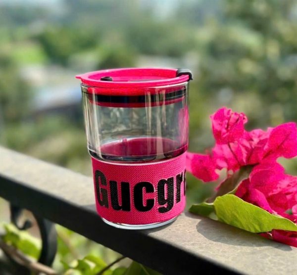 KLS35 - Cốc thủy tinh kèm bọc vải và ống hút thủy tinh, 450ml