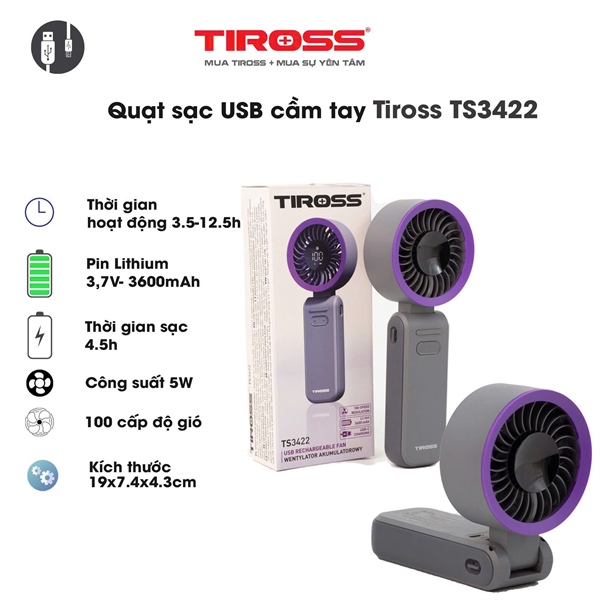 TS3422 - Quạt sạc USB cầm tay Tiross mini, dung lượng 3600mAh - Hình ảnh 2